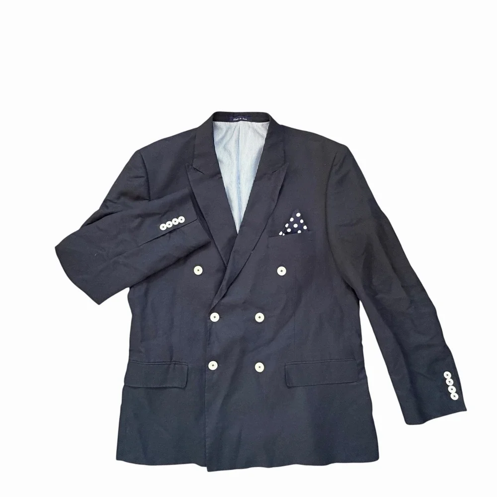 Alan Flusser Mens Navy Linen Blend Double Breasted Blazer Sport Coat 44R Classic